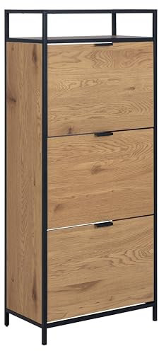 AC Design Furniture Jörn Schuhschrank mit 3 Klappbaren Fächern, Geschlossenes Schuhregal in Wildeichenoptik und Schwarz, Industrial Style, Flurmöbel, B: 56 x H: 129 x T: 30 cm