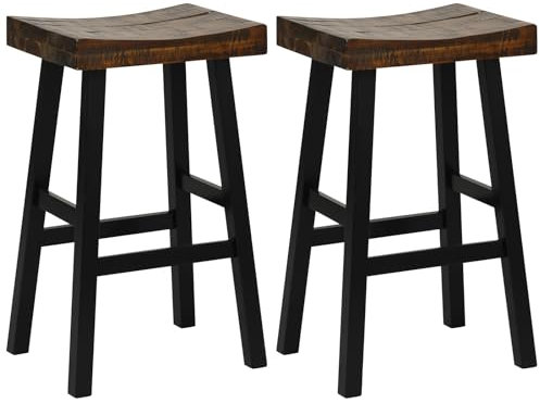 TANGZON Bar Stools Set of 2/4, Solid Wood Saddle Seat Stools with Footrests & Non-slip Foot Pads, 62/74cm Counter Height Rustic Backless Bar Chairs for Kitchen Pub Bistro Dining Room (2, 45x35x74cm)