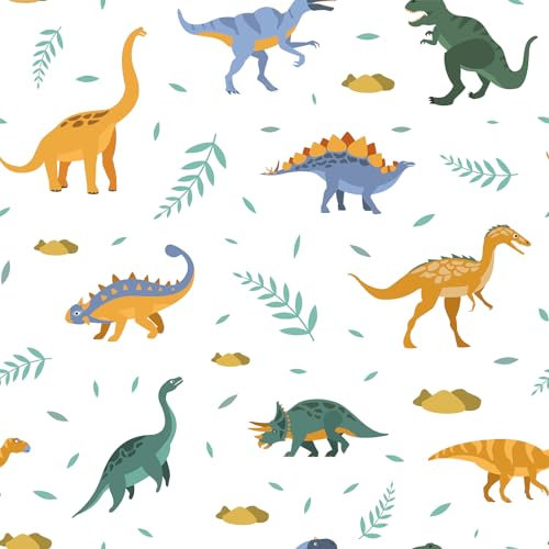 CRE8TIVE Niedliche Dinosaurier Tapete Selbstklebend 30.5cm x 300cm Tapete Kinderzimmer Weiß Tier und Blatt Tapete Karikatur Tapete Schlafzimmer Klebefolie Möbel für Schrank Badezimmer Arbeitsplatte