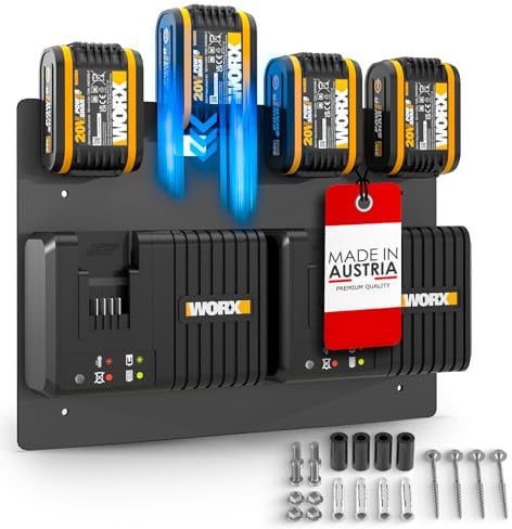 Wandfest® Worx Support mural pour 4 batteries et chargeurs Worx - Fabriqué en Autriche - Pour 4 batteries - Maintenant plus d'ordre dans l'atelier et le garage
