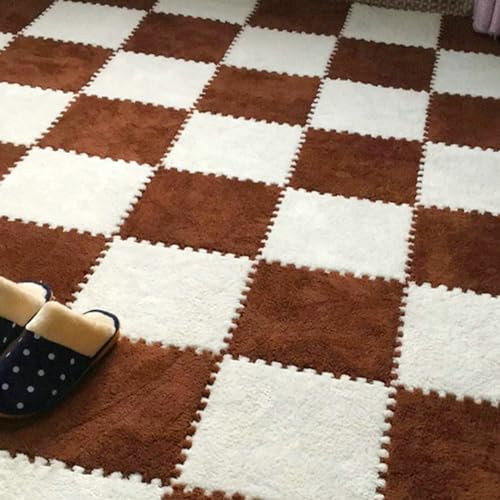 10/20 Pcs Plush Crawling Mat, 30 * 30 cm Plush Foam Floor Mat, Non-Slip Soft Interlocking Foam Interlocking Carpet Tiles with Edge for Bedroom and Living Room (10PC Brown+10PC White)