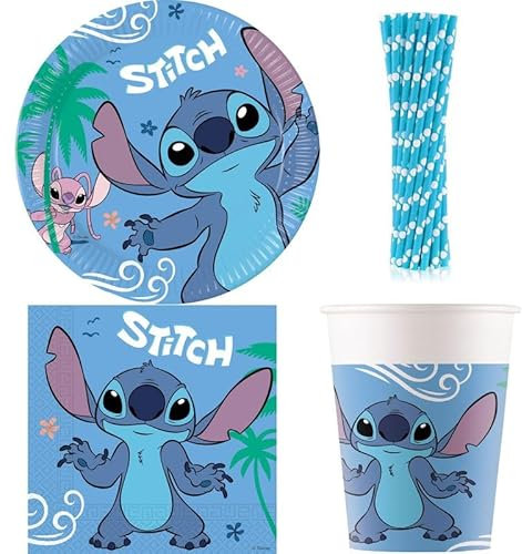 Playflip Partygeschirr Stitch Partyset Kindergeburtstag Party Geburtstag-Deko Dekoration Teller Becher Servietten Einweggeschirr Lilo Angel