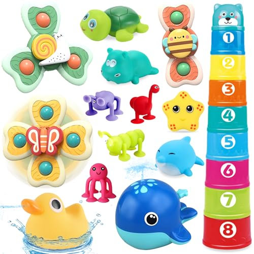 Chennyfun Spinner Baby Badewannenspielzeug, 22Pcs Kinder Badewanne Spielzeug mit Saugnapf, Wal, Seestern& Ente Badewannen Spielzeug mit Aufbewahrung, Saugnapf Spielzeug Baby für 1-5 Jahre Baby