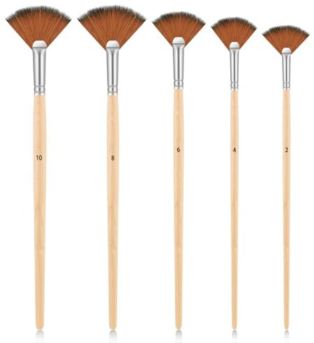 Dimeho 5 Pcs Fan Brushes for Painting, Fan Paint Brushes for Acrylic Painting Anti-Shedding Fan-Shaped Nylon Hair Brush Tips Long Wood Handle Artist Series Drawing Supplies for Watercolor Oil Painting