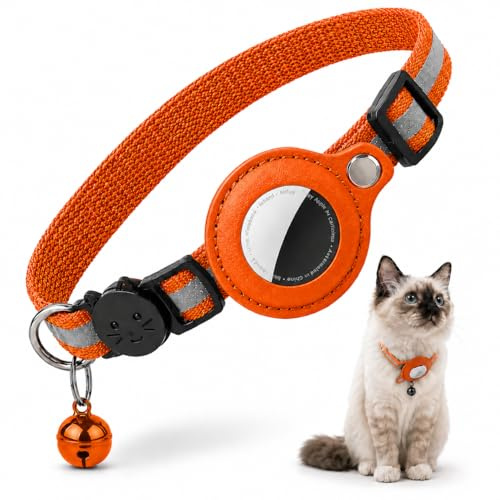 Katzenhalsband für AirTag | 360° Reflektierend bis 150 m sichtbar | Sicherheitsverschluss gegen Strangulation | Edelstahl-Schraube | Verstellbar 19–32 cm | Leicht 15 g | Orange