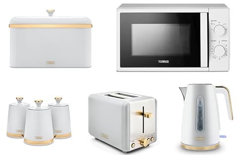 Tower Cavaletto White 1.7L 3KW Jug Kettle, 2 Slice Toaster, T24034WHT 20L 700W Microwave, Bread Bin & Canisters. Contemporary Matching Kitchen Set of 7