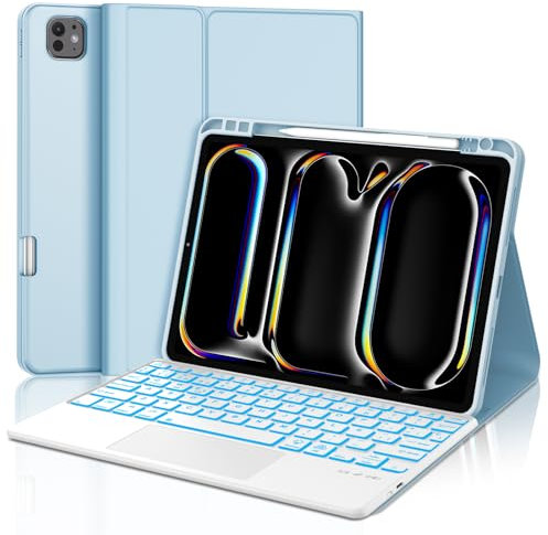 Funda Teclado con Trackpad para iPad Pro 11'' (M4) 2024, Teclado Bluetooth Desmontable con Retroiluminación de 7 Colores y Funda Protectora para Tablet iPad Pro 11 Pulgadas (5th Gen) 2024, Azul Claro