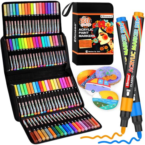 Efimeso Rotuladores Acrilicos, 80 Colores Marcadores Acrílicos De Rocas, Lienzo, Madera, Piedra, Cerámica, Vidrio, Tela, Acrylic Paint Marker De Punta Mediana De 3 MM Para Manualidades