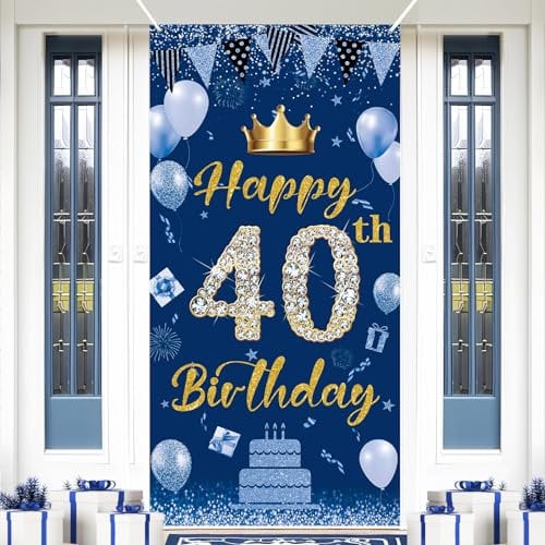 POPOYU Happy 40th Birthday Door Banner,Navy Blue 40th Birthday Backdrop Banner for Men Women,Large Fabric Photo Booth Backdrop Background for Him Her 40 Years Old Birthday.Party Wall Door Decoration