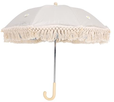 Dpofirs Kinderwagen-Sonnenschirm mit Verstellbarer Klemme, Sonnenschirm Zum Anklipsen für Kinderwagen, Kinderwagen, Boho-Outdoor-Regenschirm mit Quasten (Beige mit kleiner