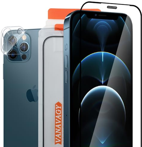 VANAVAGY Glass Screen Protector Compatible for iPhone 12 pro 6.1 inch [2 Pack][Scratch Resistant], Camera Lens Protector included, Film with Frame Full Coverage Case for Easy Installation
