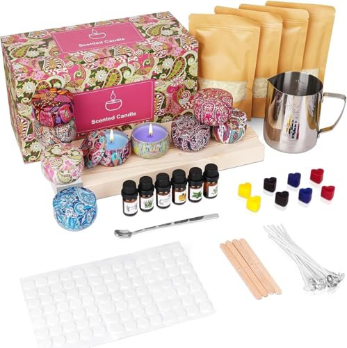 Candle Making Kit, Soy Wax Candle Making Kits for Adults Beginners, Make Your Own Candles,6Pack Soy Wax, 6 Fragrance Oils,8 Dye Blocks 9 Tins, Wax Melt Pot, 100 Candle Wicks, 100 Candle Wick Stickers