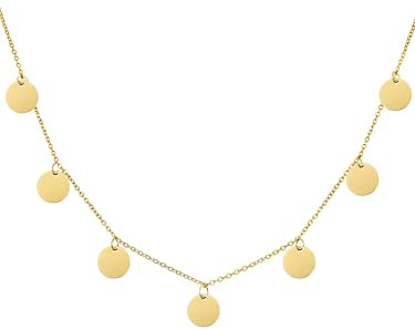 RUGGED steel - Damen Edelstahl Coin-Kette 45 + 5 cm - 7 runde hochglanzpolierte Plättchen Anhänger - wasserfest, farbbeständig, dauerhafter Glanz (inkl. Schmuck-Box) - Gold