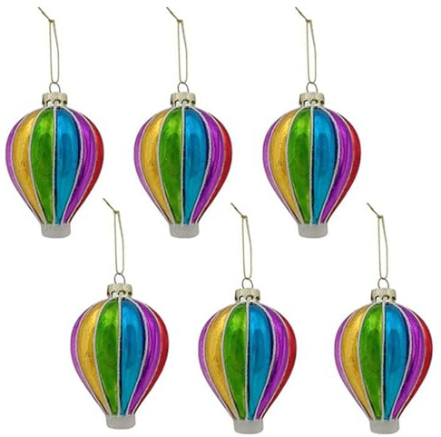 Set di 6 Mongolfiere Colorate in Vetro Soffiato - Decorazioni Natalizie da Appendere all'albero di natale multicolor da collezione eleganti