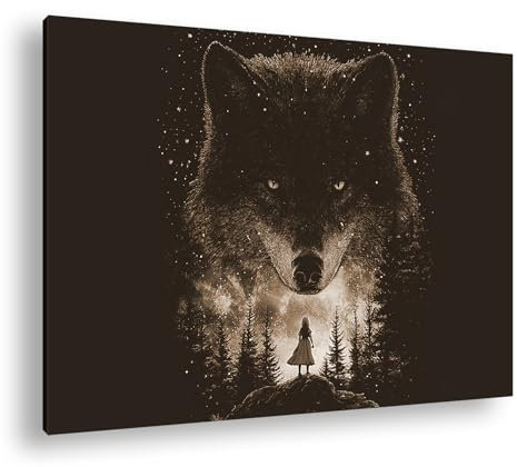 deyoli Une scène mystique : Petit Chaperon rouge devant un énorme loup sombre, profondément dans une forêt étoilée. Format : 90 x 60 cm Effet : sépia comme image sur toile, motif sur cadre en bois