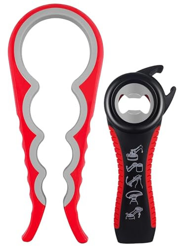 WOLMIK Bottle Openers - 2 PCS Easy Jar Bottle Opener Kit, 5 in 1 Jar Opener & 4 in 1 Bottle Opener Kit, Multi-Functional Can Openers, Simple to Use for Elderly and Children - Red and Black