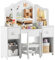 MAMIZO 2 in 1 Schminktisch Kinder Set, Schminktisch für Mädchen und Jungen, Kinderschminktisch mit Abnehmbarem Spiegel, Schreibtisch mit Hocker, Prinzessin Frisiertisch aus Holz, Weiß