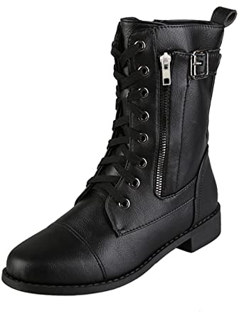 Generisch Bottines de moto pour femmes Bottes épaisses latérales Bottes à talons Fermeture éclair Chevalier Bottes pour femmes Militaire Extérieur