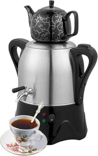 OZPPM Fabriquant À Thé Turc Électrique, Samovar Turc Électrique avec Fonction De Maintien Chaud, Théière en Acier Inoxydable 3L Et Théière en Céramique 1L, pour Café, Thé Parfumé, Thé Turc,Black