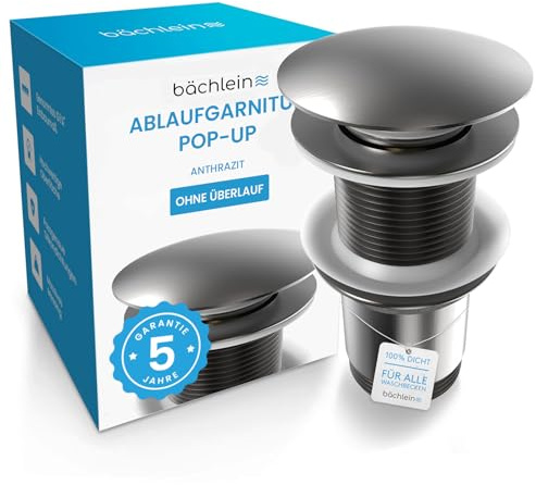 Bächlein Universal Ablaufgarnitur ohne Überlauf (Anthrazit) - Pop Up Ventil für Waschbecken und Waschtisch – Ablaufventil Abflussgarnitur aus Messing mit Einbauanleitung