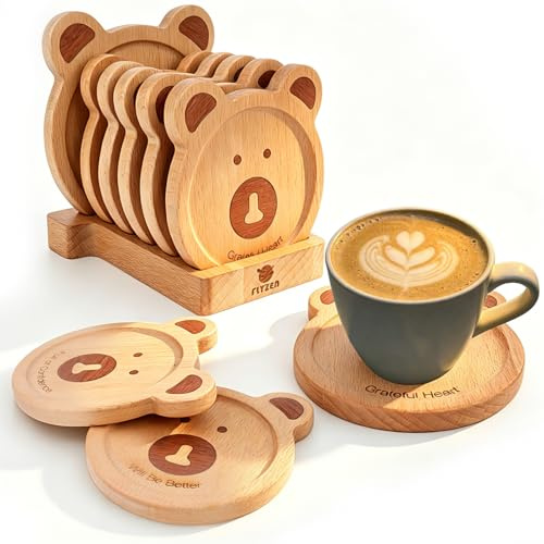 Flyzen sous-Verres Ours Bois incrustés 6 pcs avec Support Rangement Beige | Corps hêtre, traits ours incrustés sapelli, léger, antidérapant, rangement facile, repas famille, réunion amis, cadeau déco