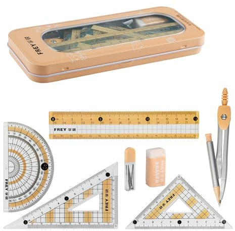 Tabanzhe Maths Set, Protractor and Compass Set for Secondary School Students,8 Pcs Geometry Set with Rulers and Storage Box,Stationery Supplies for Drafting,Drawing and Learning(Yellow)