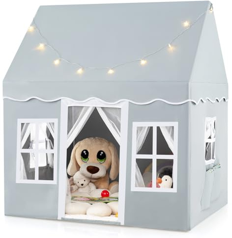 HOMASIS Kinderzelt Baumwolle, Kinder Spielhaus mit Sternenlichtern, Tragetasche & Vorhang, Spielzelt Prinzessin für Jungen & Mädchen, Indoor Kinderspielzelt Kinderspielhaus (Grau, ohne Matte)