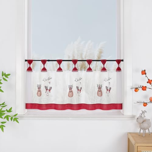 Yujiao Mao Brise-Bise HxL 60x140cm Transparent avec Broderie de Rennes – Rideau de Noël Décoratif pour Cuisine, Petites Fenêtres et Intérieur
