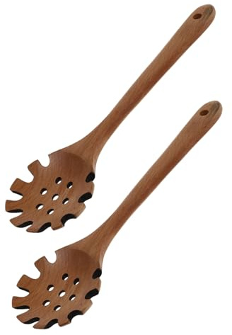 ABOOFAN 2 Pièces Cuillère à Pâtes Bois avec Dents Passoire à Nouilles Longue Poignée Louche à Spaghetti Résistante pour Cuisson et Service Rapide