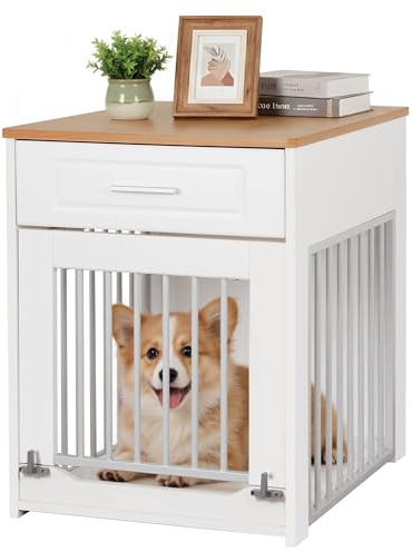 DAWNYIELD Möbel Hundebox für kleine Hunde mit Schublade, Weiß | Hundekäfig mit Klappe nach Oben Tür, Holz-Hundezwinger mit verriegelbarer Tür, Hundehütte als Beistelltisch nutzbar