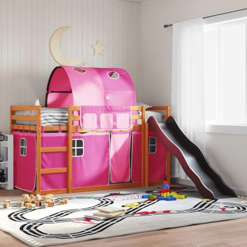 QJBSAVVA Solid Pine Wooden Bunk Bed with Slide & Pink Curtains 90x200 cm, Wax Brown Low Loft, Safety Rails, Indoor Playhouse Furniture for Kids Bedrooms