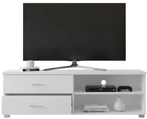 Mobile TV Soggiorno Moderno in Legno Truciolato Melaminico con Cassetti Ripiani Aperti Mobiletto con 5 Gambe in PVC Porta Tv fino a 50 Pollici con Foro Passa Cavi 120x40+44 cm (Bianco Unico)