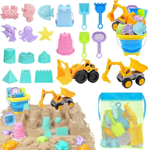 CHMMY 22 PCS Sandspielzeug Sandkasten Spielzeug Kinder, Strandspielzeug Kinder mit Faltbarer Eimer, Bagger, Sandförmchen, Tasche, Gartenspielzeug ab 3 4 5 Jahre