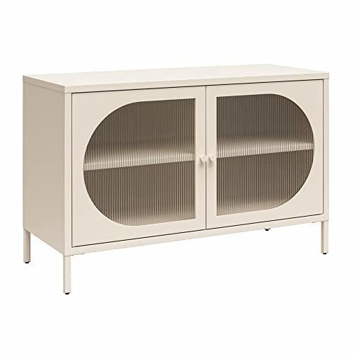 Luna breiter Metall-Akzentschrank, 2 Glastüren, Creme (BxTxH) 100x40x64 cm