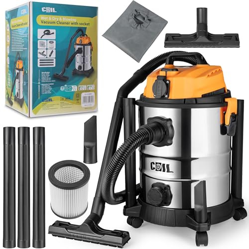 COIL Nass- & Trockensauger 1300W 25L Industriestaubsauger mit Steckdose & Blasfunktion, HEPA Filter für Werkstatt, Baustelle und Garage, Edelstahlbehälter