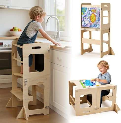 labebe Tour d'apprentissage pour Enfants, Montessori Tour d Observation avec Tableau Noir, Multifonctionnelle 4 en 1 Tour d'apprentissage, Pliable Bois Learning Tower adaptée aux à partir de 18 Mois