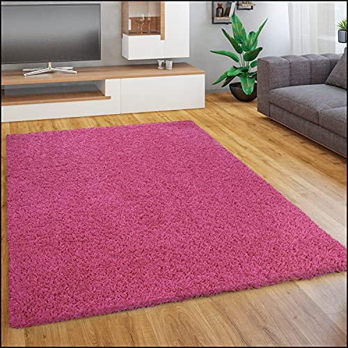 Paco Home Teppich Wohnzimmer Schlafzimmer Hochflor Shaggy Flokati Optik Einfarbiges Design Weich Flauschig Moderne Deko, Grösse:150 cm Quadrat, Farbe:Pink