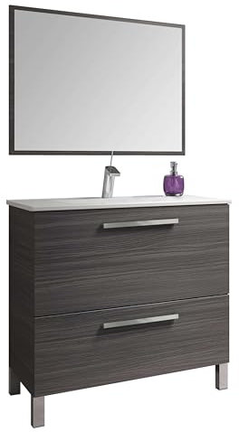 Abitti Mueble de Baño Naida Estilo Industrial en Color Gris Ceniza con 2 Cajones, Espejo y Patas 80x80x45 cm (Sin Lavabo)