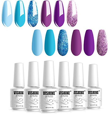 Vishine Gel Nail Polish Set of 6 Blue Purple Glitter Series Nail Polish Kit Soak Off UV Gel Nail Lacquer Nail Art Manicure Starter Set