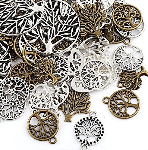 Naler 80 Stück Charms Anhänger Lebensbaum Retro Antik Silbern Bronze Mischung für Schmuck Basteln