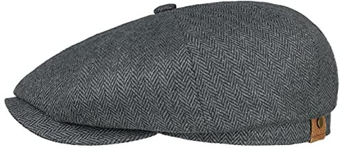 Stetson Hatteras Seide Schirmmütze Damen/Herren - Ballonmütze aus Seide - Flatcap mit Sonnenschutz UV 40+ - Schiebermütze mit Fischgratmuster - Schirmmütze Sommer/Winter schwarz-grau 55 cm
