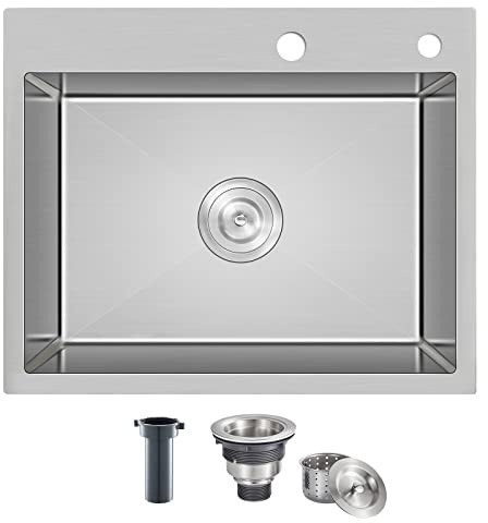 OUGOO 21.6x17.7 inch Drop in Kitchen Sink, Handmade 304 Stainless Steel Sink with 2 Holes, 8.6 Deep Single Bowl, R10 Tight Radius, Topmount Kitchen Sink with Basket Strainer Drain, Brushed