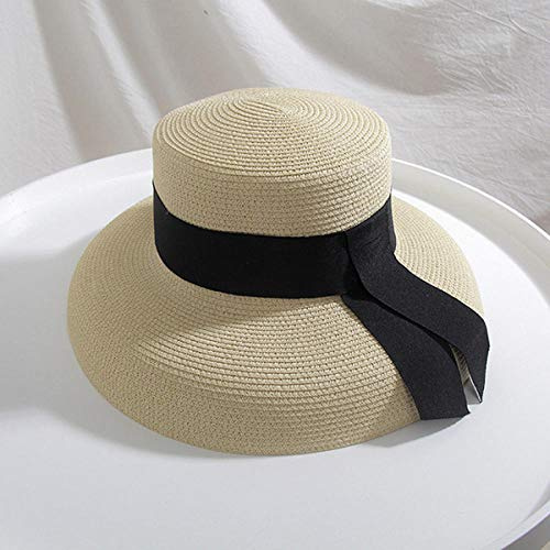 Chapeau Paille Femme Seioum Summer Beach Chapeau De Paille Femmes Chapeau De Plaisancier avec Ruban Cravate pour Vacances Vacances Audrey Hepburn Chapeau De Soleil-Beige