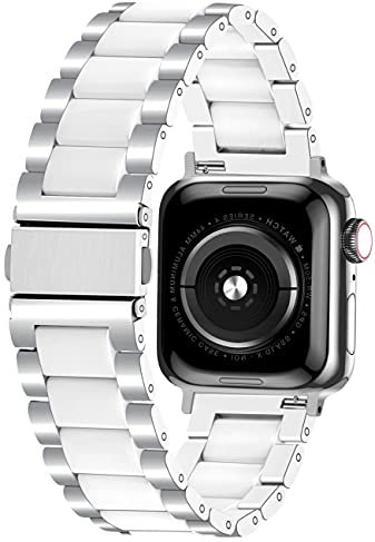 Kai Tian Sport Uhrenarmband Compatible for Apple Watch 38mm 40mm 41mm iWatch SE Series 10 9 8 7 6 5 4 3 2 1 Edelstahl Armband Keramik für Herren Damen Silber Weiss