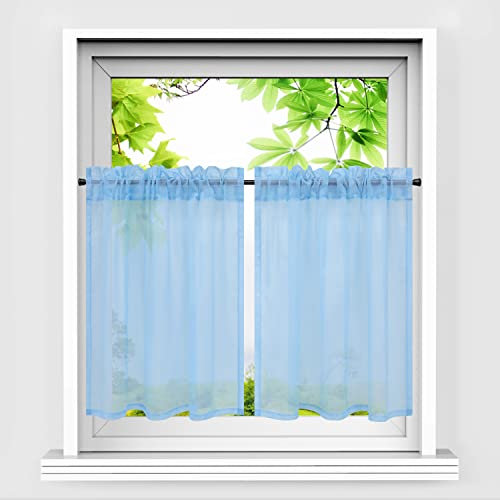 HeichkelL Scheibengardinen 2er Set Bistrogardine Voile Transparent Paarig Kurzstores Einfarbige Fensterschals Küche Vorhang Blau BxH 76x92 cm*2