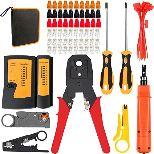 OKVNUO-TECH OKVNUO RJ45 CAT5 Testeur de Network CAT6 Pince à Sertir Réseau Câble Sertissage Ethernet Kits d’Outils Réparation d’Ordinateur Net Professionnel Maintenance LAN (Rouge)
