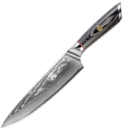 MITSUMOTO SAKARI 20 cm Giapponese Coltello Cucina Gyuto, Coltello da Cucina in AUS-10 Damasco Acciaio, Coltelli da Cucina Professionali Forgiato Mano (Manico in Legno &Scatola di legno Boutique)