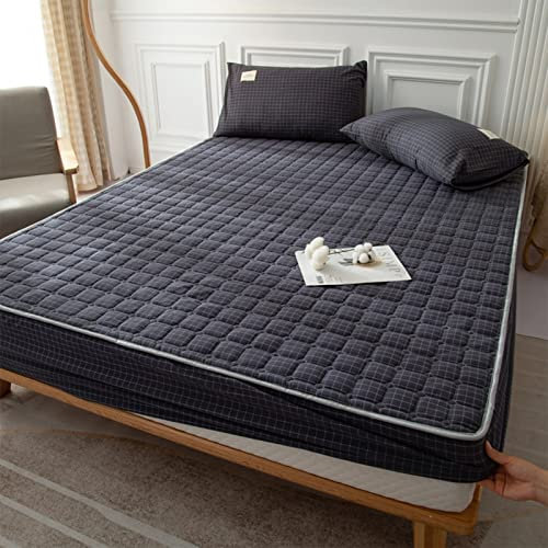 YUDEYU Alles Baumwolle Gewaschener Baumwollstoff Spannbettlaken Gesteppte Verdickung Tagesdecke Matratzenschoner Topper (Farbe : Grauer Plaid, Größe : 90x200cm+25cm)
