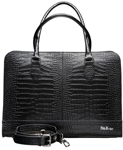 Su.B Laptoptasche 15,6 Zoll für Damen, Umhängetasche aus Kroko-Print Leder mit Schulterriemen und Kofferband, Hergestellt in Italien - Schwarz