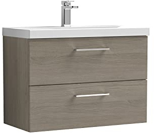 nuie ARN2526A Arno Modern Bathroom Wall Hung 2 Drawer Vanity Unit with Mid-Edge Ceramic Basin, 800mm, Woodgrain Solace Oak